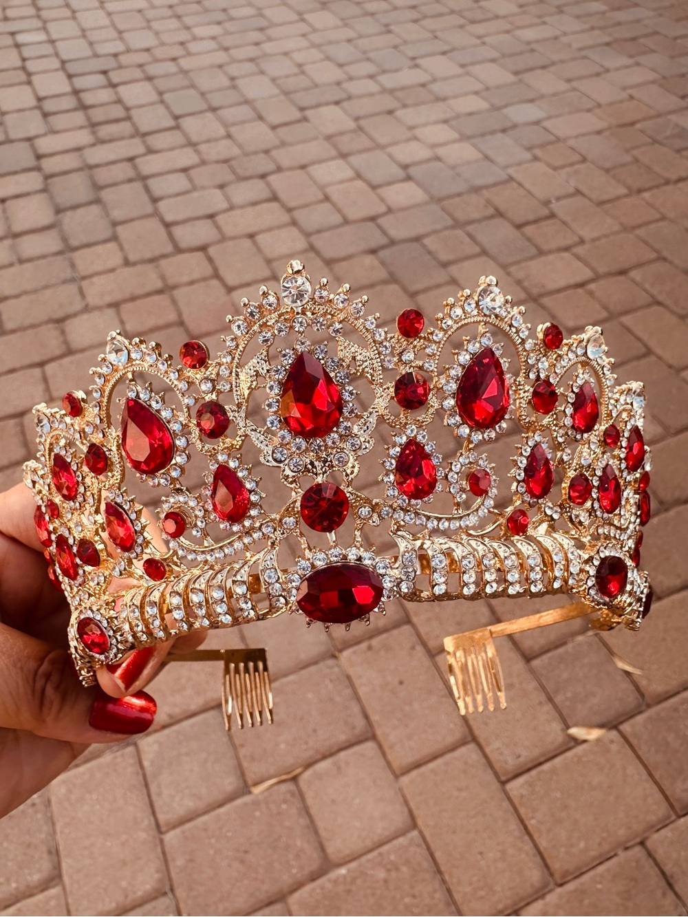Gold Tiara Crown with Red Gemstones - Elegant Pageant Headpiece